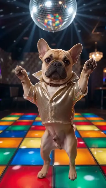 AI dancing french bulldog, Disco style